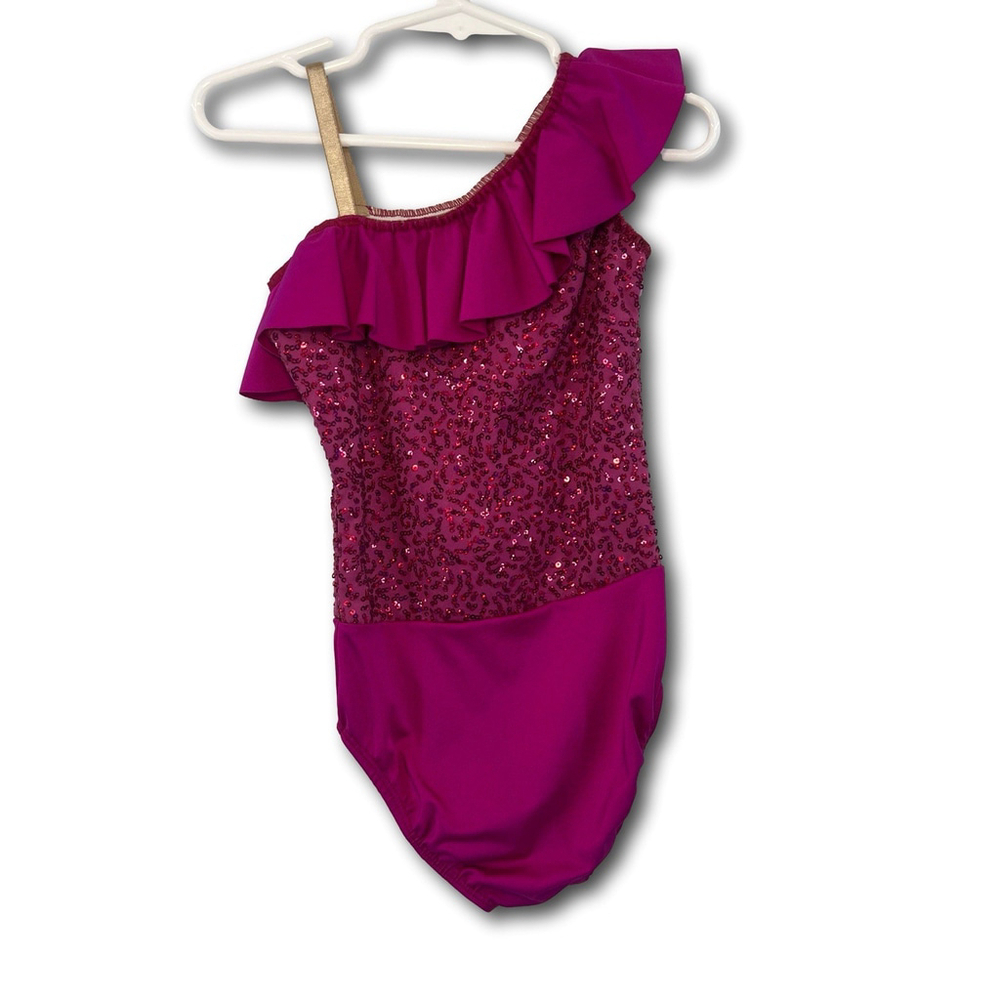 Kids One-Shoulder Dance Leotard Sequins Ruffled Neckline Pink Size Small Child